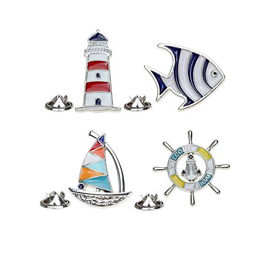 Acxico 4Pcs Creative Metal Cartoon Brooch Set Sailboat Lighthouse Rudder