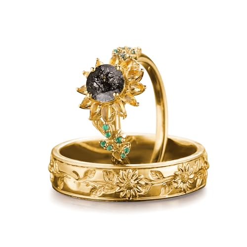 2Pcs Sunflower Couples Wedding Rings Set, S925 10K 14K 18K Gold Engagement Rings for Men and Women, Customized His and Her Matching Leaf Anniversary Bands Jewelry gifts Free Engraving4