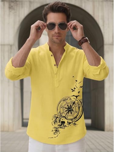 Image of DEELMO Men's Cotton Blend Mandarin Collar Self One Design Full Sleeve Casual Short Kurta
