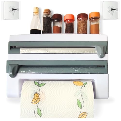 Portarrollos Papel Cocina 3En1 Sin Taladro – Dispensador De Papel De Cocina, Film Y Aluminio Soporte Organizador Cocina Compacto y Resistente con Montaje Adhesivo. (Blanco-Gris)