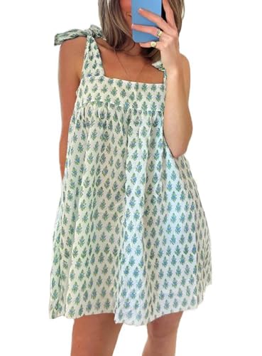 Image of Women Floral Tie Shoulder Mini Dress Cute Square Neck Loose Fit Beach Short Dress Backless Boho Vocation Sundress