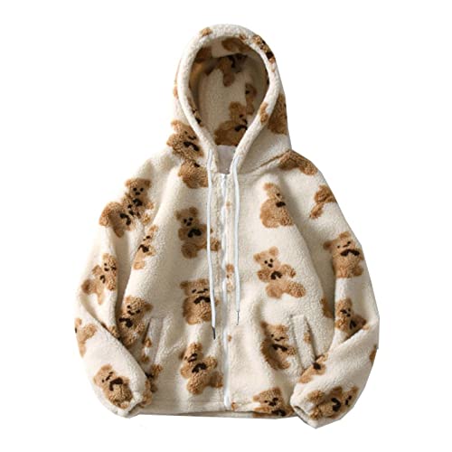 Chaqueta de gran tamaño para mujer, con bonito estampado de oso de peluche, abrigo de forro polar mullido, cómodo, térmico, manga larga, cremallera completa, con capucha, con bolsillo, abrigo kawaii
