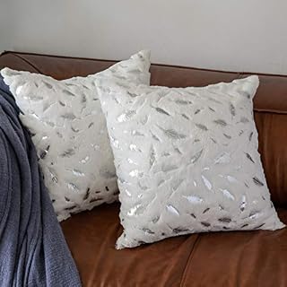 GIGIZAZA Plush Fluffy Cushion Covers 45cm x 45cm Silver Leaf Faux Fur Decorative Throw Pillow Covers for Sofa Couch Bedroom 18x18 Inch White Set of 2