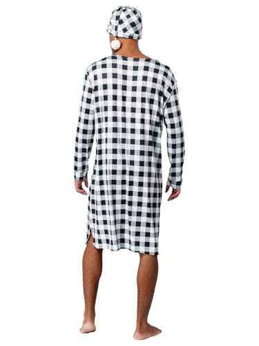 Mens Plaid Print Long Sleeve Pajama Robe with Night Cap V Neck Loose Nightshirt Sleepwear4