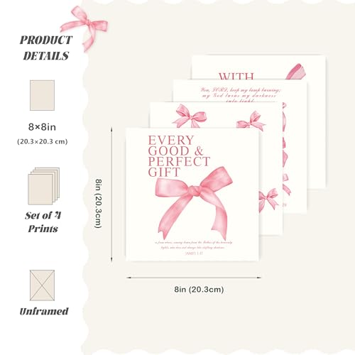 Image of LARTSFRO Coquette Pink Bow Wall Art Decor Posters, Pink Bow Christian Room Bathroom Bedroom Dorm Wall Art Decor Aesthetic for College Teen Girls Gifts, Inspirational Bible Verses Bow Wall Decor, 8x8 Inch Set of 4 Pcs Bow Pictures (UNFRAMED)