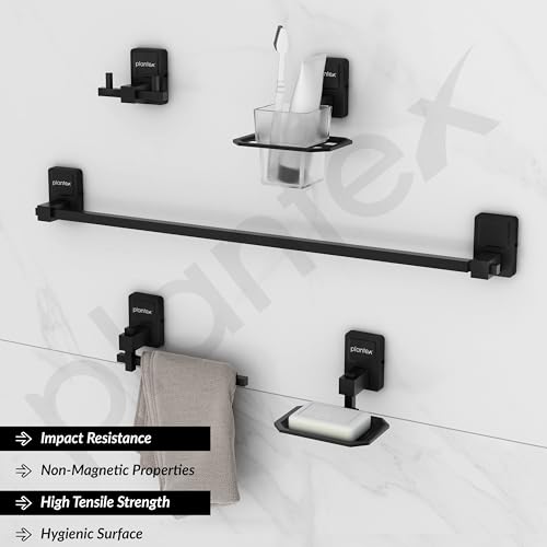 Image of Plantex 304 Grade Stainless Steel Bathroom Accessories Set of 5 - Towel Rod /Hand Napkin Hanger for Wash Basin /Soap Case /Toothbrush Holder /Robe Hook - Darcy (Black)