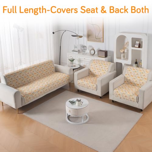 Image of HOKIPO Sunlit Butterfly Quilted Sofa Cover 5 Seater Set - Washable 3+1+1 Sofa Cover for Seat & Back with Tassel Design | 'Tassel Twigs' Series (IN-991-T3 + IN-989-T3)