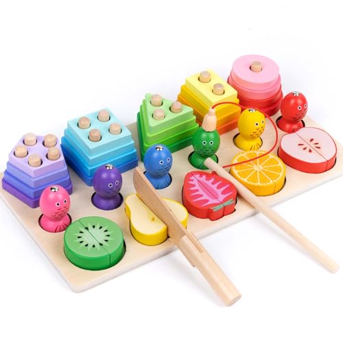 Image of Joyshare 35-Piece Multicolored Wooden Sorting & Stacking Toys for Toddlers 2-5 Years - Fruit Cutting, Fishing Games & Color Sorting - Educational Learning Toys for Boys & Girls