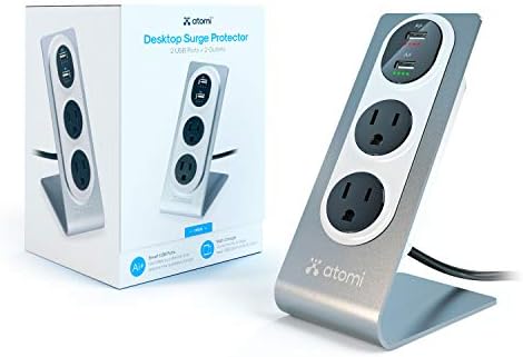 Atomi Desktop Surge Protector - 2-Outlet Power Strip, 2 USB Charging Ports, Ai Rapid Charge for Phones, Tablets, Laptops, Cameras and More, Durable, Heavyweight Metal - Silver