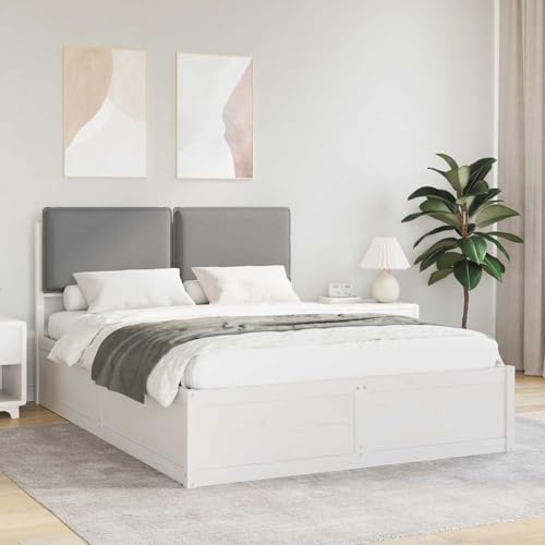Kaloriko Estructura de cama con cabecero tapizado, color gris claro, 135 x 190 cm, madera de pino resistente, diseño moderno, no requiere somier, para dormitorio
