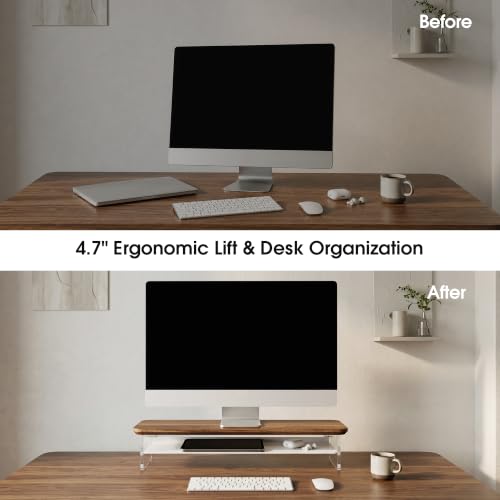 Image of Fenge 23.6 inch Dual Monitor Stand with Clear Acrylic Legs, Brown | Clear Acrylic, Storage Compartment, 2-tier Home Office Monitor Riser, Desktop Shelf Fit Monitor /Laptop /Printer
