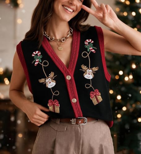 Image of Women Christmas Sweater Vests Santa Claus Sleeveless Cardigan | Women Christmas Sequin Sweater Vests, Button Down, Gingerbread Man Print, Christmas Holiday Tank Top