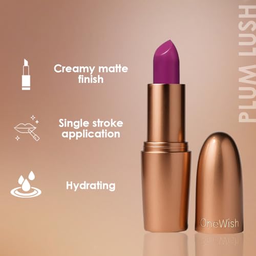 Image of One Wish Creamy Matte Lipstick Long Lasting for Women - Plum Lush Shade 04 | Full Coverage | Creamy Formula | No Flaky Lips | No Dryness | High-Pigment | SPF | Vitamin E, Almond Oil & Shea Butter for Moisturising Lip | 8 Hrs Lasting | Smooth Finish | 3.8 gm