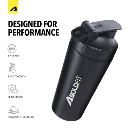 Image of Boldfit Stainless Steel Protein Shaker Bottle 750ml with Glass Window, Leakproof Metal Shaker for Gym with Blender Ball, BPA-Free, Odor-Resistant, Heavy-Duty Mixer for Pre & Post Workout Supplements