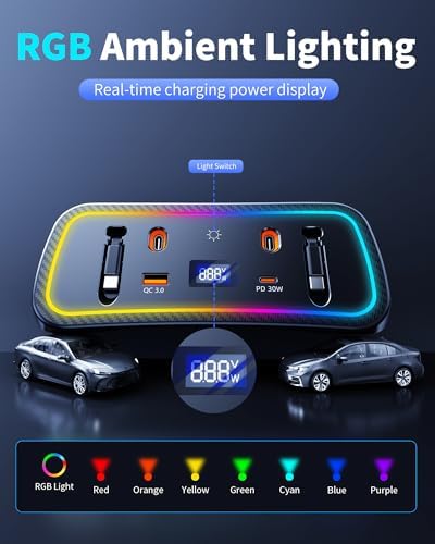 DICMKY Car Charger Usb Hub with RGB Light for 2026 2025 2024 2023 2022 2021 2020 Toyota Corolla Accessories, 4-Port Docking Station with Retractable Cable, Phone Fast Charging Hub with Voltage Display - 4