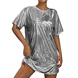 Damen Sparkly Tops Trendy Kurzarm Tee Kleid Sparkle Sommer Tops Elegant Karneval Umzug Kostüme Casual Lose Glitzer Pullover Shirts Sparkling Karneval Disco Abend Outfit, silber, XL