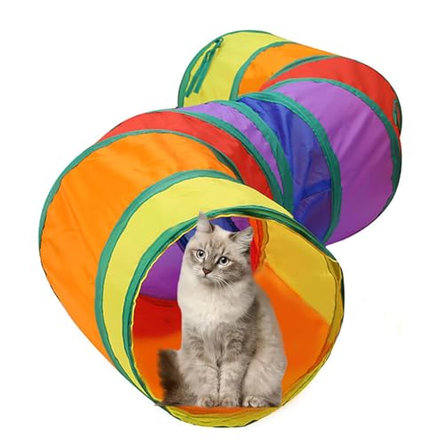 TJT 猫トンネル 長い レインボー トンネル 120cm 可水洗いS形長い２穴付き 折りたたみ式 キャットトンネル 収納便利 猫の遊び場、運動不足解消、ストレス発散 (虹色, S)