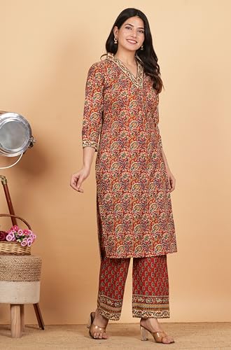 Image of Vbuyz Women Floral Print With Mirror Work Cotton Kurta Palazzo With Dupatta