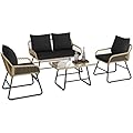 Yaheetech 4 Piece Patio Furniture Set, Outdoor Wicker Conversation Sets, Boho Loveseat & 2 Armchairs with Cushion and Pillow, Glass Top Table for Backyard, Porch, Balcony, Deck - Tan/Black