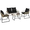 Yaheetech 4 Piece Patio Furniture Set, Outdoor Wicker Conversation Sets, Boho Loveseat & 2 Armchairs with Cushion and Pillow, Glass Top Table for Backyard, Porch, Balcony, Deck – Tan/Black