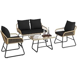 Yaheetech 4 Piece Patio Furniture Set, Outdoor Wicker Conversation Sets, Boho Loveseat & 2 Armchairs with Cushion and Pillow, Glass Top Table for Backyard, Porch, Balcony, Deck – Tan/Black