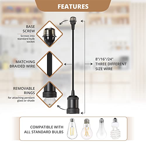 Quiklamp Black 8 Inch Socket To Mini Pendant Light Converter Adapter, Easily Converts Standard Bulb Socket To Mini Pendant Light Without Wiring And Tools, Use With Or Without Shade (Not Included) #TOP4
