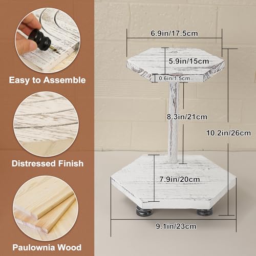 Tikea Hexagonal Wood Riser for Display, 2-Tier Wood Farmhouse Riser for Kitchen Bathroom Counter Decor, Decorative Tray for Soap Dispenser, Decorations and Plant (White) - Image 4
