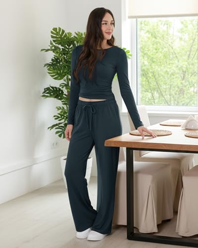 Image of ZOOSIXX Lounge Sets for Women - 2 Piece Outfits Crop Tops with Fold Over Flare Leggings Fall Loungewear Fitted Pajama