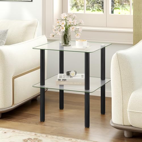 Image of GIANTEX Square End Table, 2-Tier Sofa Side Table with Clear Tempered Glass Top & Shelf, Small Accent Table with Solid Rubber Wood Legs for Living Room Bedroom Home Office (Black & Clear)