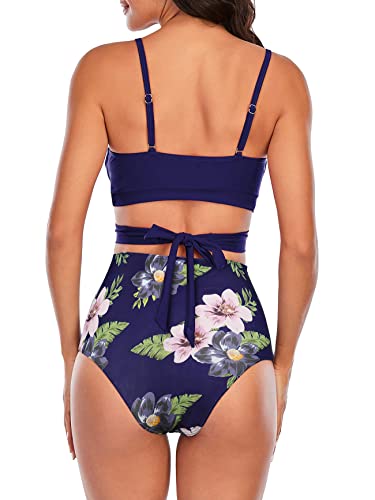 Image of Women Bikini Sets High Waisted Swimsuit String Halter Bathing Suits for Women Two Piece Swimwear, Navy Floral Print, 10-12