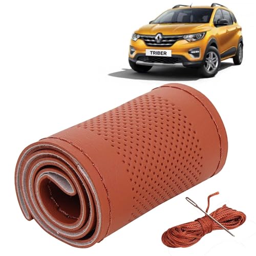 Image of KINGSWAY PU Leatherite Car Steering Cover Sewable Compatible with Renault Triber (Year 2019 Onwards), Tan Color with Tan Thread, Pack of 1 with Sewing Needle and Thread