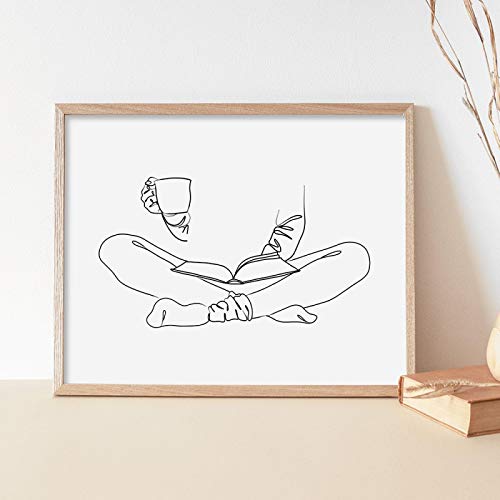 Dessin au trait café et livre affiche pour coin lecture et salon chaleureux