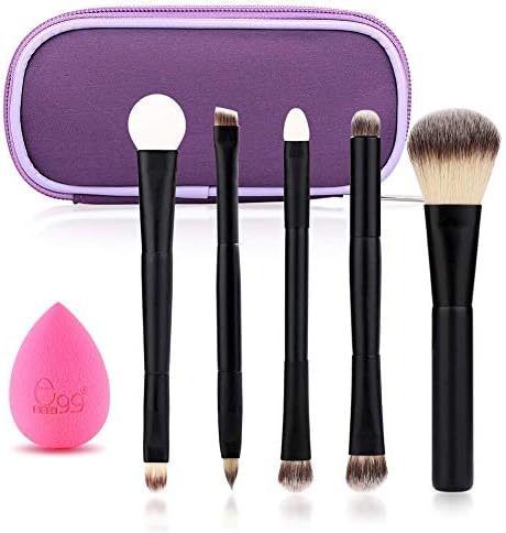 Black Egg Portable Travel Makeup Brush Set Face Eye Blush Powder Angled Kabuki Foundation Concealer Makeup Brushes Kit with Blender Sponge and Brush Cleaner (5 PCS Black)