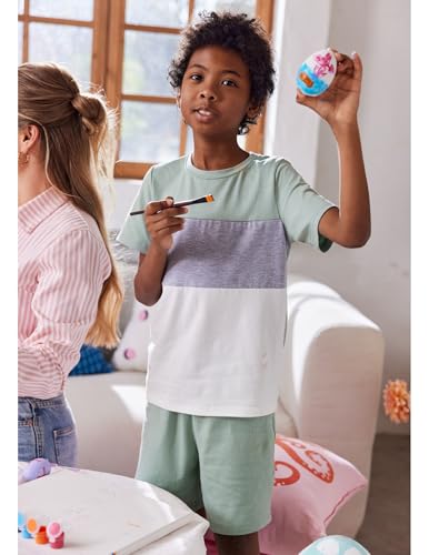 Image of Arshiner Boys' 2-Piece Cotton Outfit Color Block T-Shirt and Shorts Set Summer Camo Clothes for Kids 5-14 Years