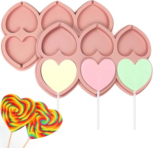joonnair Lot de 2 Moule à sucette Forme de Cœur en Silicone avec 50 baton sucette Moules en silicone pour Sucette chocolat Moule à bonbon Sucettes en...
