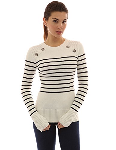 PattyBoutik Women Crewneck Striped Military Sweater (Ivory and Black X-Large)