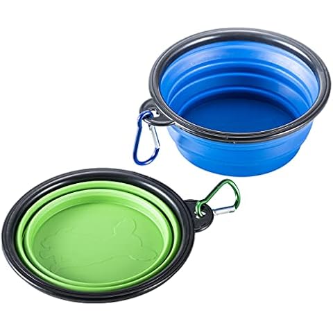 HORRAu 2*350ml Collapsible Dog Bowls with Carabiner Clip, Portable Travel Pet Food Water Bowl(Blue+Green) Cover