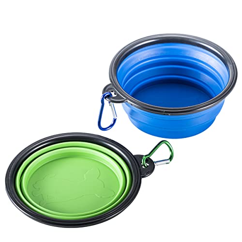 HORRAu 2*350ml Collapsible Dog Bowls with Carabiner Clip, Portable Travel Pet Food Water Bowl(Blue+Green)