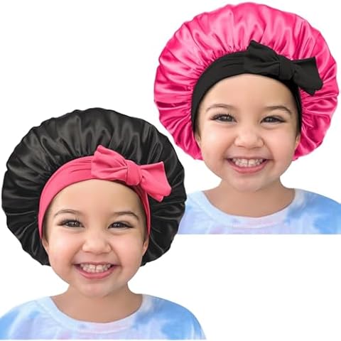 Satin Bonnet Silk Hair Cap: 2pcs Kids Bonnets with Adjustable Tie Band for Baby Toddler Sleeping Hair Bonnets Sleep Comfortable No Slip-Off (Black & HotPink) Cover