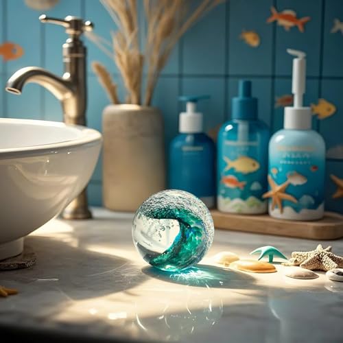 JUYOULE Hand Blown Glass Figurines Ball: Ocean Wave Design Glass Paper Weights, Beach Decorations for Home - Unique Ocean Themed Bathroom Decor and Gift for Ocean Lovers