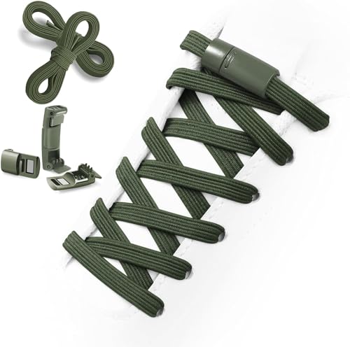 Shecret Elastique Lacets, Lacets Chaussures avec Fermeture Rapide en Métal Magnétique, Lacet Elastique Enfant et Adulte, Élastiques Lacets Sans Nœuds, No Tie Lacets Universels Réglables, Vert Armée
