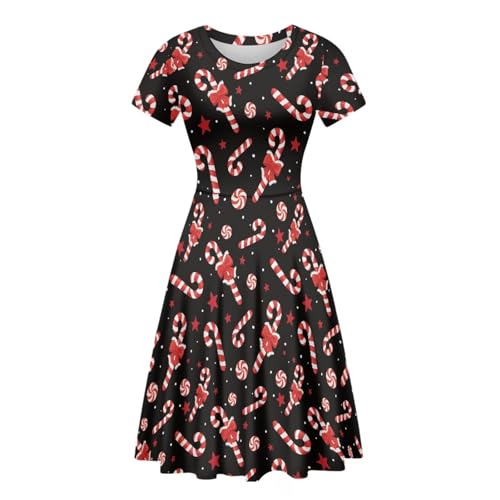 Image of Forchrinse Christmas Candy Cane Dress for Women Plus Size Round Neck Midi Dresses Causal Short Sleeve Swing Flared A Line Sundress Holiday Party Clothing