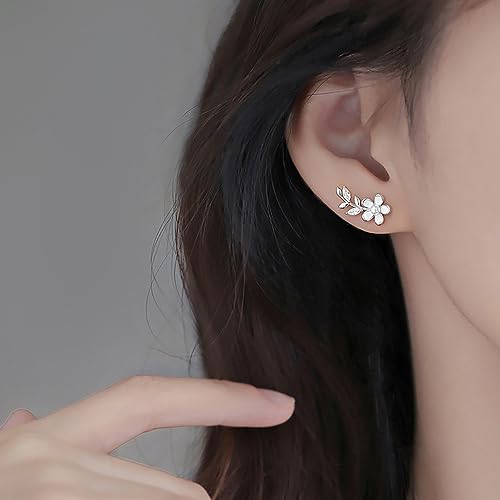 Reffeer Solid 925 Sterling Silver Flower Stud Earrings for Women Teen Girls CZ Leaf Post Stud Earrings Pearl Flower Studs2