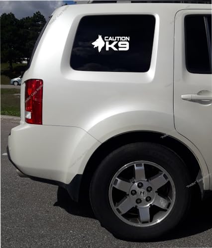 Image of Caution K9 Decals and Stickers for Vehicles and Cars Police Dog Law Enforcement Car Window Decal. 7.5 inch W x 4.0 inch H, | White |.