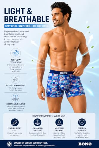 Image of BONO Men Cotton Blend Printed Trunk Combo Anti-Bacterial Moisture Wicking No Marks Stretchable Regular Fit Waistband Underwear Pack of 3 (Darkblue-Multicolor-TurquiseBlue-M)