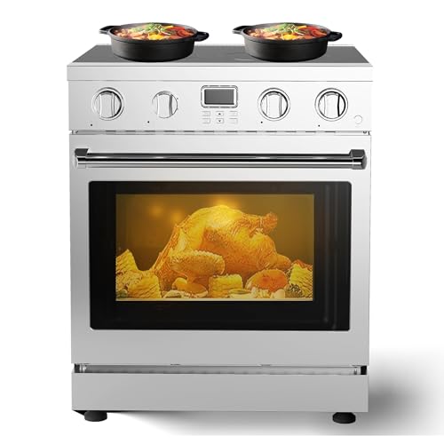 30 Inch Electric Range, 4.8 Cu.Ft Convection Oven with 4 Burner Cooktop, 6 Cooking Functions, Freestanding Range with Timer, Stainless Steel, Knob Control, 240V