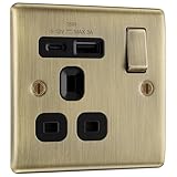BG Electrical 18W Single Switched Power Plug Wall Socket with Type A USB and Type C USB Charging Ports, Fast Charge, Raised and Slim Profile, Round Edges, Nexus Metal, Antique Brass, 13A, NAB21UAC18B