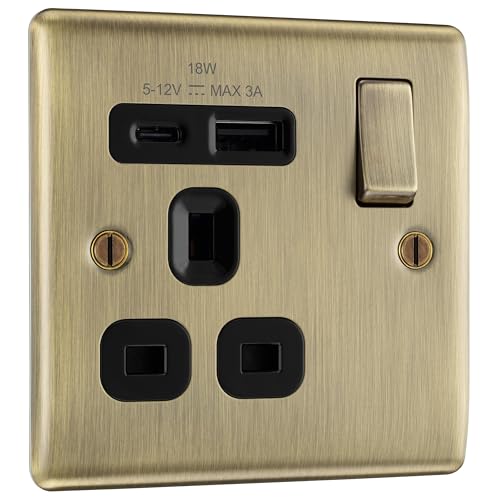 BG Electrical 18W Single Switched Power Plug Wall Socket with Type A USB and Type C USB Charging Ports, Fast Charge, Raised and Slim Profile, Round Edges, Nexus Metal, Antique Brass, 13A, NAB21UAC18B