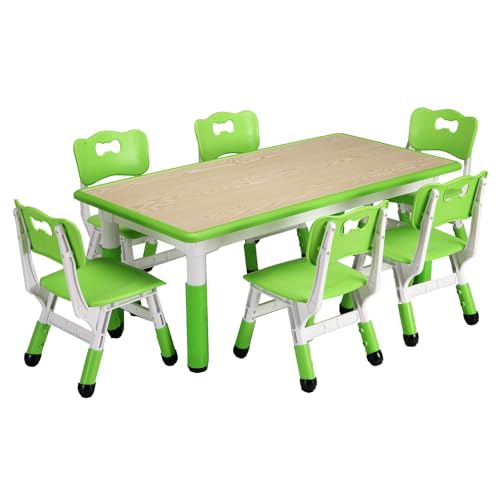 Image of Adjustable Kids Table & 6 Chairs Set - Easy-to-Clean Graffiti Desktop, Non-Slip Legs, Perfect for Arts & Crafts, Playroom, Study Area, Daycare, or Home Use - Lake Blue