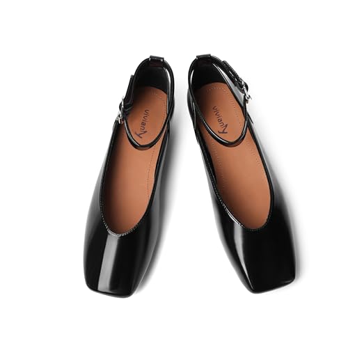 vivianly Mary Jane Shoes for Women Ballet Flats Shoes Buckle Ankle Strap Square Toe Flat Leather Party Dating Flats
